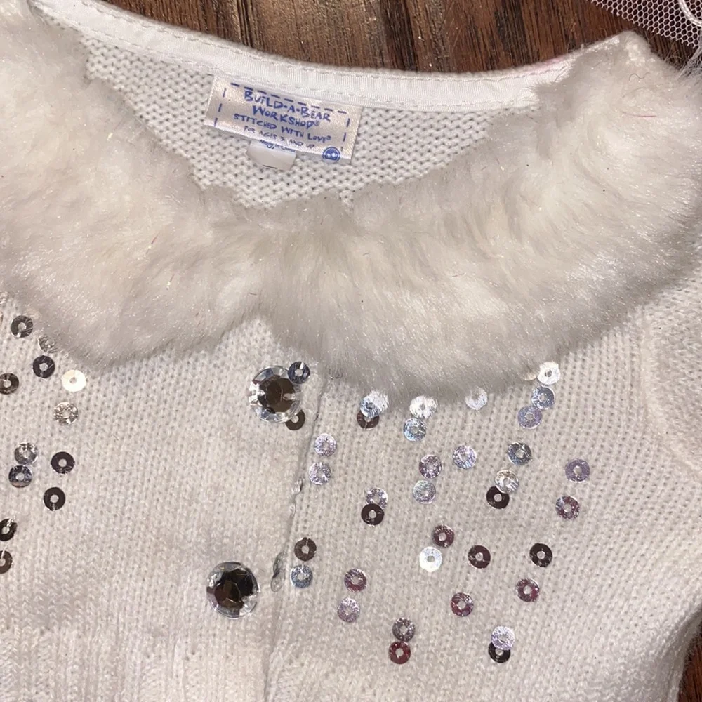 Build-A-Bear fur collar sequin cardigan sweater & white glittery silver skirt​​ - Picture 7 of 12